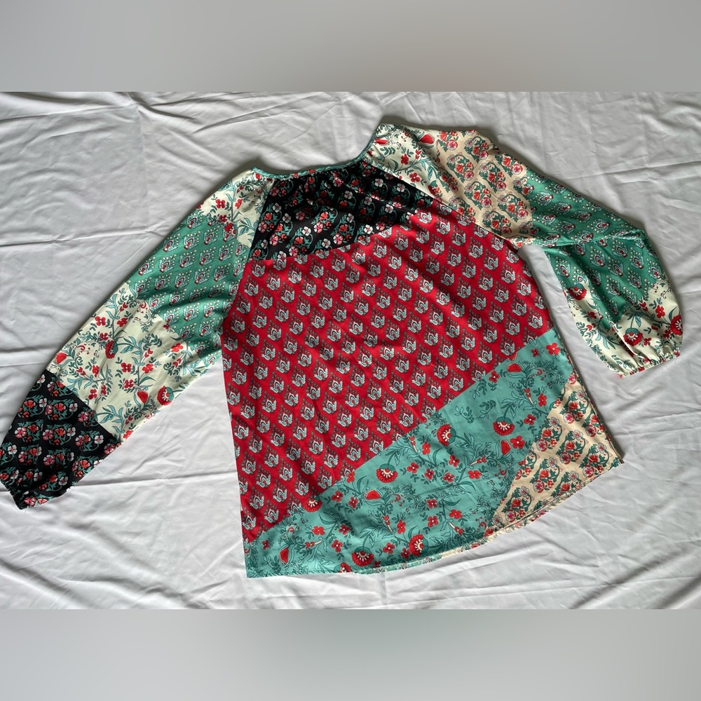 Patchwork Boho Peasant Blouse Top 2XL Floral Spring Balloon Sleeve Casual Tassel - Picture 14 of 16